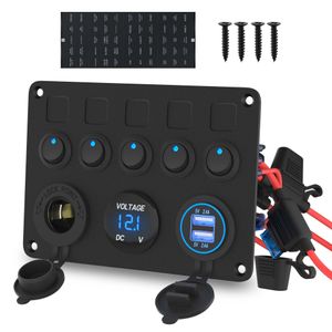 RV, Car, & Motorboat Modification Panel: 5-Position Switch, Voltmeter, & Dual 4.8A USB Ports - 5-Digit Voltage Display, "Cat's Eye" Rocker Style, with Integrated Fuse Holder
