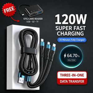 120W 3-in-1 Fast Charging Cable, Type-C/Micro USB/Lightning Triple Charger Cord-Free 3in1 otg Card reader