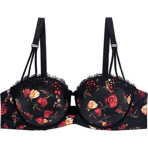 Binnys Beauty Rose Print Demi Cup Black Bra Deep V Hollow Center Breathable Back Strap Underwire Support Bra Non-removable pads Adjustable Strap Women Everyday Bra 