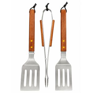 3 Piece BBQ Grill Tool Set - Silver/Brown
