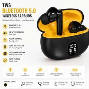 TWS Bluetooth 5 Wireless Earbuds with LED Power Display, Touch Control, Stereo Sound & Portable Charging Case, Black