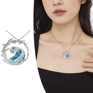 Women Girls Ocean Wave Pendant Necklace With Stainless Steel Chain Coastal