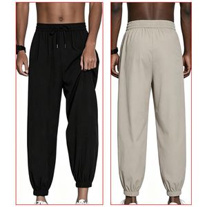 VEOUNDK Men Casual Pants 2 Pack, Elastic Waist Jogger Pants - Black/Light Grey