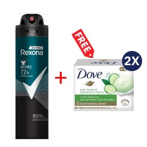 Rexona Invisible Men 72hrs Antibacterial Spray - 200ml + Free Dove Bar Soap 25g