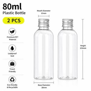 80 Milliliter PET Bottle with Aluminum Cap Two Bottles Leakproof Refillable Cosmetic Containers