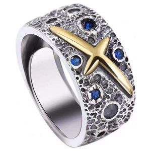 ASCENT Vintage Two Tone Gold Cross Blue Crystal Men Ring, Hammered Texture Retro Adjustable Open Finger Ring Punk Street Jewelry Gift For Daily Party Wear