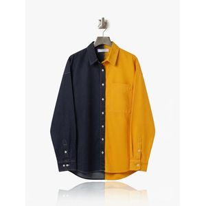Two-Tone Split Color-Block Long-Sleeve Shirt - Blue/Yellow