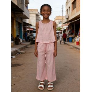 5-10 Years Kids Girl  Clothes Set,Sleeveless top+pants, stripe two-piece set-Pink