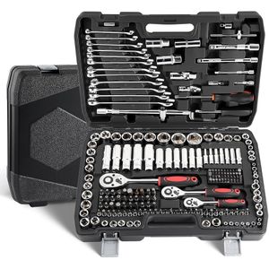 Professional 216 PCS Ratchet Spanner Socket Set 1/2" 1/4" 3/8" Tool Kit + Case