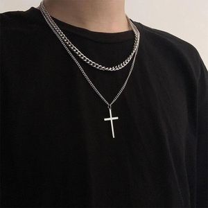 MaGea 2PCS Men's Double Layer Angel Wing Necklace, Korean Style Simple Retro Cross Pendant Necklace for Men