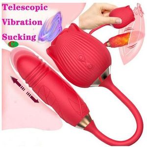 Two-in-one Automatic Retractable Rose Sucker 2in1 Sucking Vibrator Sex Toy Rose Thrusting G-Spot Clitoris Stimulator Anus Plug Nipples Oral Licking Adult Foreplay Teasing for Women Couple Solo Masturbators Dildo with Vibrating Rechargeable - Red