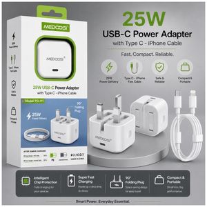 USB Type C Power Adapter & Type C usb lighting fast cable 25W - White