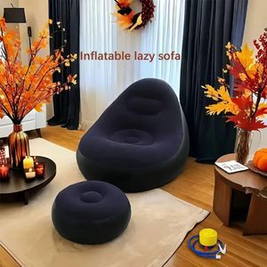 2in1 Large lazy inflatable sofa - Leisure inflatable chair - Flocking leisure inflatable lounge chair- Bean bag chair-Inflatable Seat With Footrest + Manual Pump- Navy Blue