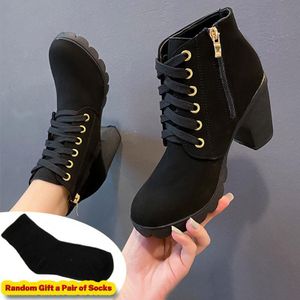 SHJO Women Shoes Boots Heels Martin Boots Ankle Ladies Shoes Combat Black