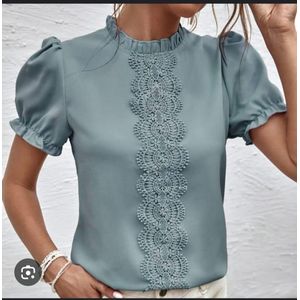 SHEIN Women's Blue Puff Sleeve Crochet Lace Blouse Mock- blue