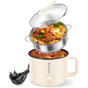 Electric Hot Pot, 1.8L Portable Non-Stick Mini Multifunctional Cooker, 2 Mode Travel Electric Skillet with Overheat Boil Dry Protection for Ramen Noodles/Pasta/Egg/Soup(Double Layer)