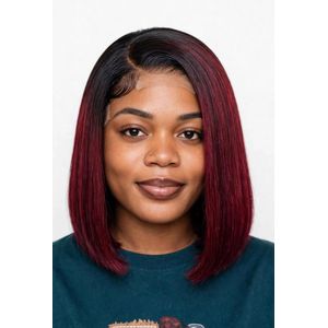 Human Hair Burgundy Wine with dark root Straight Bob Lace Wig – Sleek Shoulder-Length Style