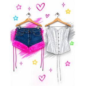 2-Piece Ladies Denim Fur Shorts and Corset Top