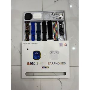 i20 Ultra 3 Max Smart Watch 10-in-1 Suit with Wireless Earphones & Multiple Watch Straps