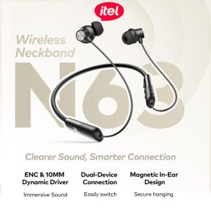 Itel N63 Wireless Neckband Headphones – 35-Hour Long Battery, ENC Clear Voice Calls, 10mm Extra Bass Driver, IPX4 Sweatproof – Type-C Fast Charging-IEB-63