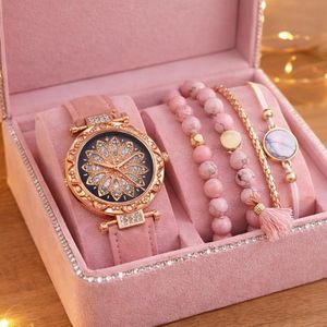 Dainty Pink Watch and Bracelet Jewelry Set for Women, Rotating Petal Dial with Rhinestones, 4 Layered Stackable Bracelets