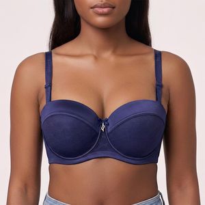 Binnys Dark Blue Bra,Comfort & Style Side Mesh Design, Solid Color, Non-Removable Pads, Adjustable Straps, Stable Lift, Teardrop Rhinestone Pendant Bra, Underwire Half Cup Bra,Everyday T-Shirt Wear, Women's Casual Bra