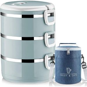 Leak-Proof 3-Layer Stackable Bento Lunch Box with Thermal Carrying Bag – Blue