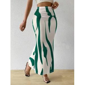 Women's High-Waist Abstract Printed Maxi Skirt – Ruched Bodycon Long Pencil Skirt – Emerald Green & Cream