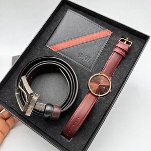 3 IN 1 Men's Watch, Double sided Belt  and Wallet  Gift Set - Brown