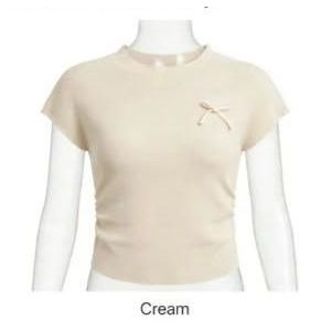 Women's Slim-Fit Short Sleeve Crewneck Top with Chest Ribbon Bow Accent – Cream
