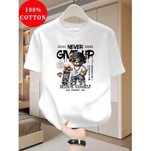 100% Cotton Never Give Up Bear Graphic T-Shirt – Premium Streetwear Round Neck Casual Tee for Men & Women