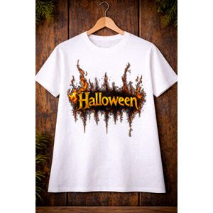 Halloween Flame Spooky Horror Style Graphic T-Shirt - White