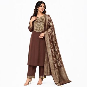 Women's Brown Embroidered Silk Dress with lining (3-Piece with veil included)