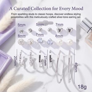 9 Pairs Vintage Stud Earrings Set for Women - Silver