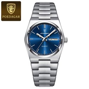 POEDAGAR 's Elegant Green Luminous Calendar Watch - Waterproof Stainless Steel Ultra-Thin Quartz Wristwatch with Minimalist Design for Casual & Formal Wear, Casual Attire, Korean Fashion, Sleek Metallic Strap