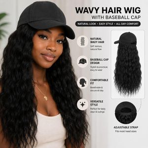 Women's Long Wavy Hair Wig with Attached Baseball Cap, Natural-Looking Curly Hairpiece for Casual Daily Wear, Black