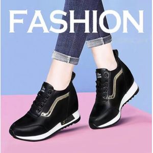 Women’s Height Increasing Casual Sneakers, Black Thick‑Sole Platform Leather Shoes with Soft Cushion for Daily Wear