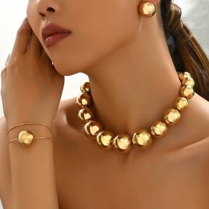 Gold Ball Women's Jewelry Necklace Bracelet Earrings Set 