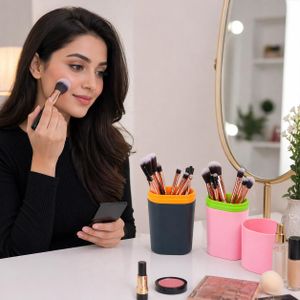 Makeup For Me 8pcs Set Portable Makeup Brushes With Storage & Cover/Bowl Case – Portable Cosmetic Organizer - 8-in-1 Makeup Brushes Kit - Dark Blue/Yellow