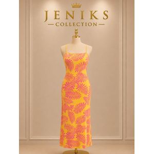 Women's Tropical Palm Print Maxi Dress – Yellow & Pink Spaghetti Strap Bodycon Cami Sundress