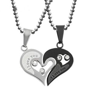 2Pcs Black Silver Split Heart Couple Necklaces