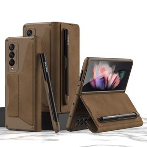 Samsung Galaxy Z FOLD 4 High Quality Flip leather Case With Built - In Front Screen Protector And Removable Velcro Capacitance Pen Slot (Capacitance Pen Included) - Brown