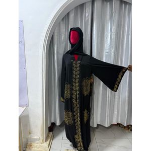 Luxury Black Embroidered Open Front Abaya Set with Gold Crystal Embellishments - Black