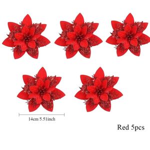5pcs Glitter Artificial Christmas Flowers for Xmas Tree Ornament Floral for Wedding New Year Party Home Decoration