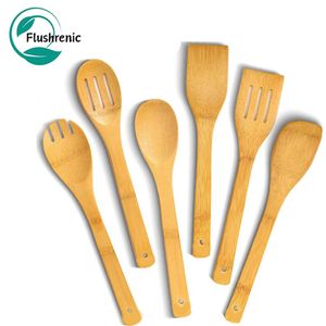 Flushrenic Wooden Spoons for Cooking,6-Piece Wooden Kitchen Utensil Set,Natural Material Bamboo Spatula & wooden cooking utensils,Wooden Spatulas & Wooden Spoons Cooking Tools Set