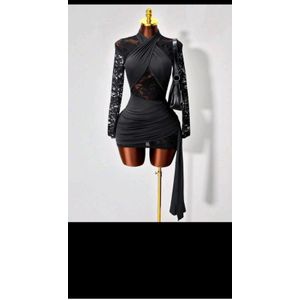  Black Lace Insert Long Sleeve Ruched Bodycon Mini Dress with Draped Robe