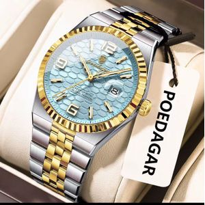 POEDAGAR Men’s Original Luxury Wristwatch – Waterproof Stainless Steel Quartz Chronograph Watch - Color : Silver with Gold 