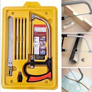 Multi-functional mini handsaw with 6 hacksaw blades and an adjustable frame, used for cutting metal, plastic, wood, PVC pipes, tiles, and rubber.