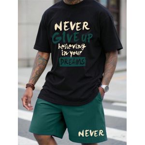 Dou-color Men Never Give Up Printed T-Shirt & Shorts Set Black Green
