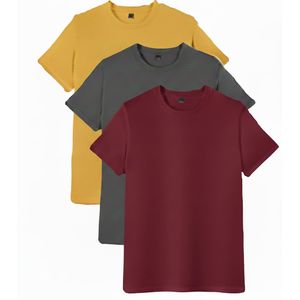 3PCS Unisex Round Neck Pure Cotton Short-Sleeved T-shirt - 3 Pieces - Yellow / Dark Grey / Wine